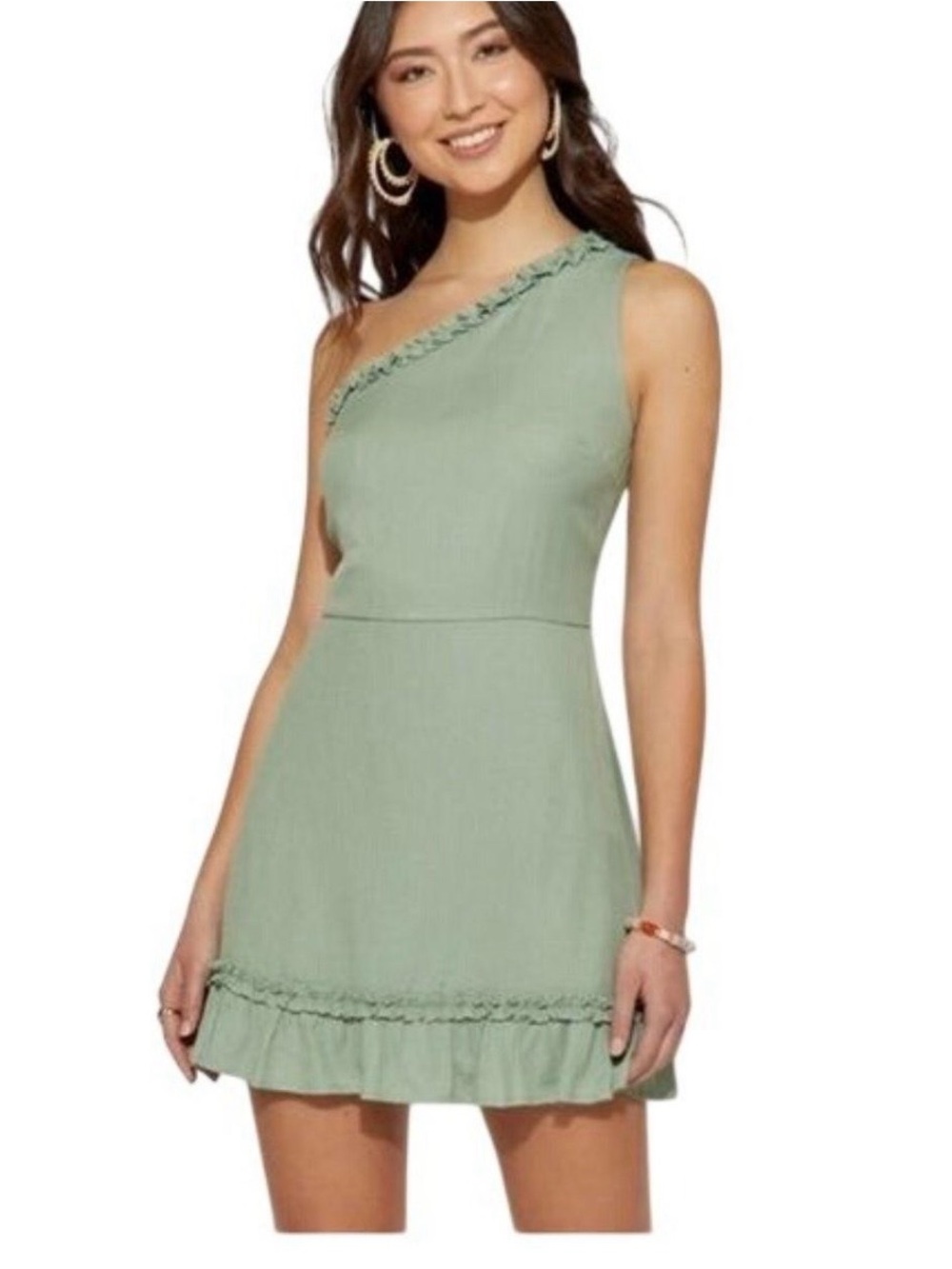 Blue Rain One-Shoulder Sage Green boho Mini Dress Francesca’s